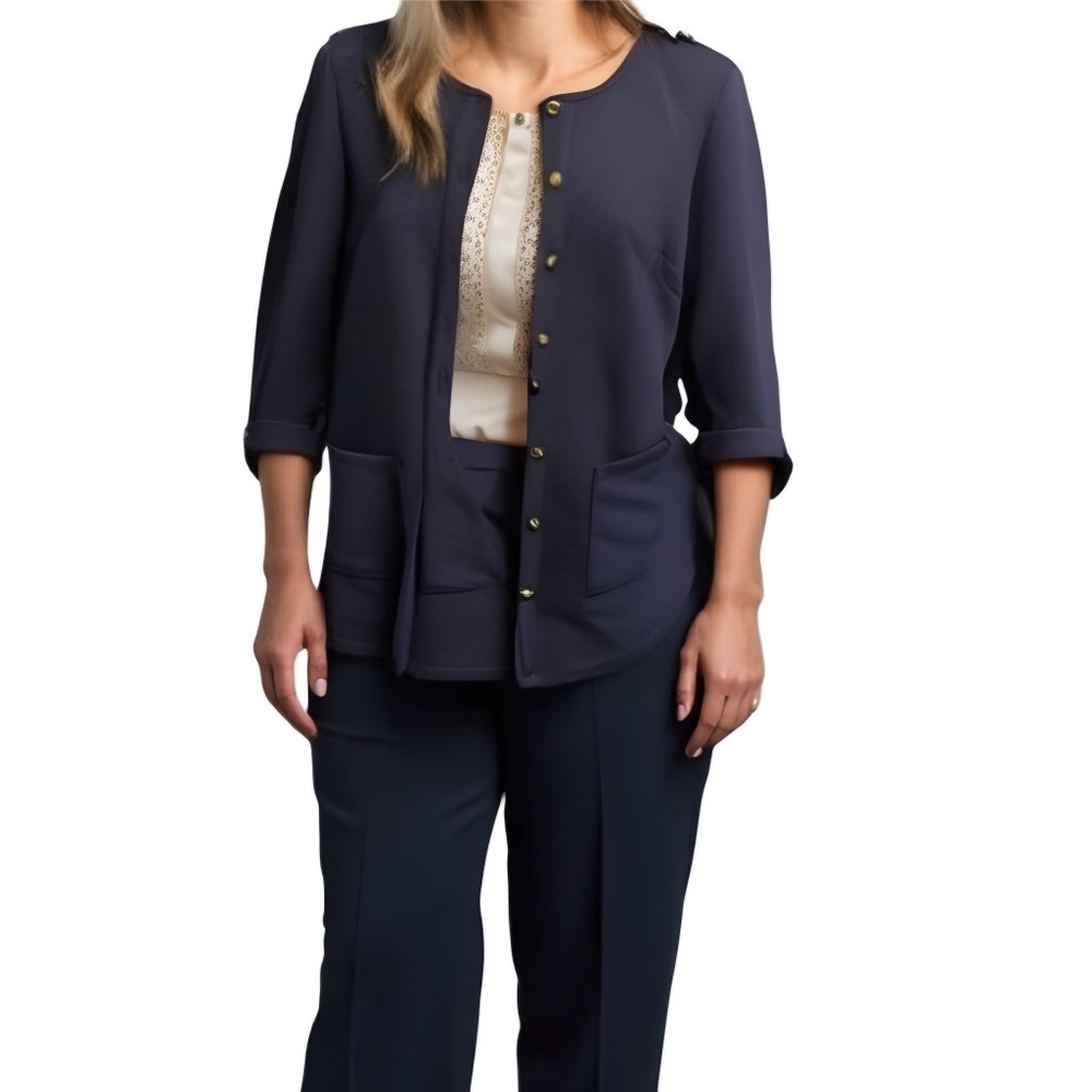 Signature Collection Navy Crepe & Gold Button 3/4 Cuffed Jacket- M